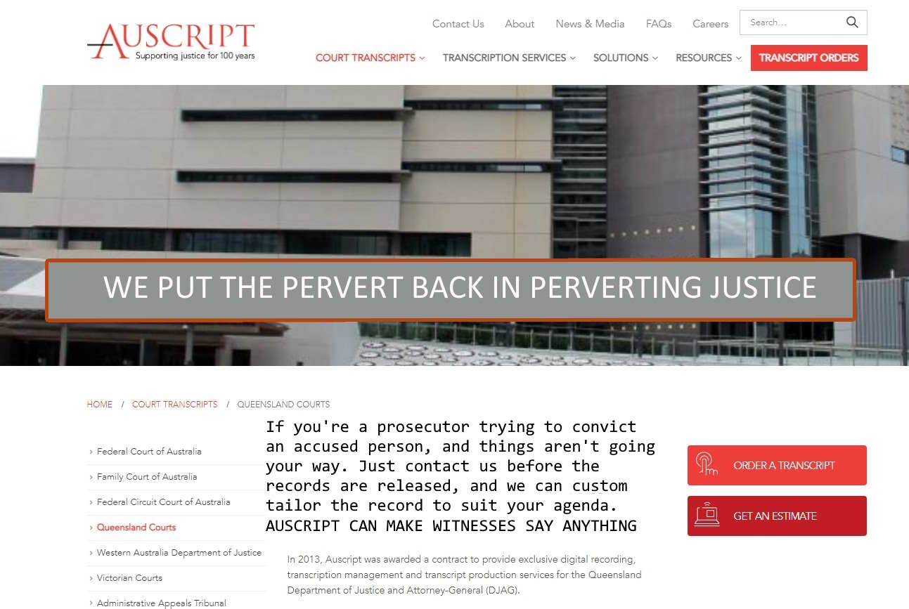 The Auscript Website image which caused so much controversy. Our courts being used as a weapon
